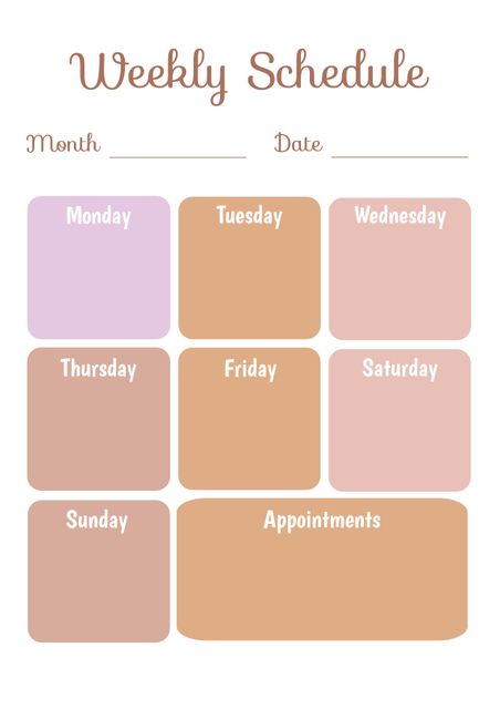 This blank weekly schedule planner in pastel colors is ideal for organizing weekly activities. It features sections for each day of the week, making it practical for planning appointments, tasks, and events. Suitable for use in offices, homes, or schools to boost productivity and keep track of important dates and tasks.