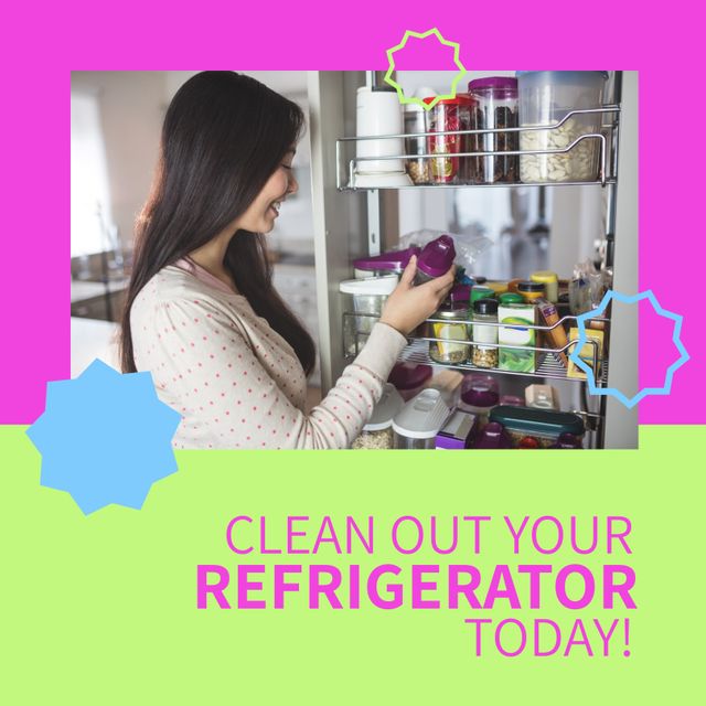 Image depicts an Asian woman using her kitchen storage efficiently, promoting the importance of keeping refrigerators clean and organized. Suitable for use in articles or advertisements focused on household chores, cleanliness, and organizational tips.