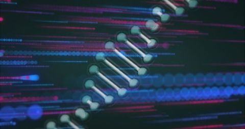 Glowing DNA Helix Visualizing Genetic Data Flow with Neon Cyan and Magenta Streaks