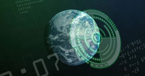 Earth display with holographic hud, futuristic radar interface and digital code overlay