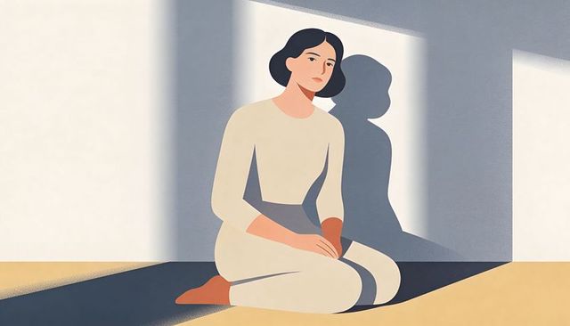 Minimalist woman sitting in sunlight casting long shadow on geometric two-tone floor