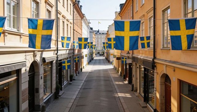 Swedish flags lining historic pedestrian street in stockholm urban festival atmosphere