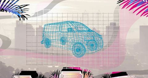 Cyan wireframe van floating over grid in retro futurism collage with pink purple bands
