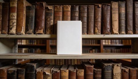 Blank hardcover book standing amid antique leather-bound volumes on metal library shelf