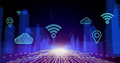 Futuristic Digital Cityscape with Binary Code and Cloud Computing Icons - Download Free Stock Images Pikwizard.com