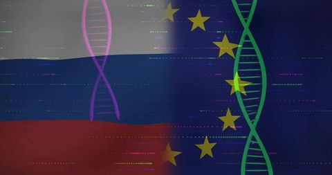 Russia eu dna merging concept, geopolitical biosecurity visual, genetic data tension