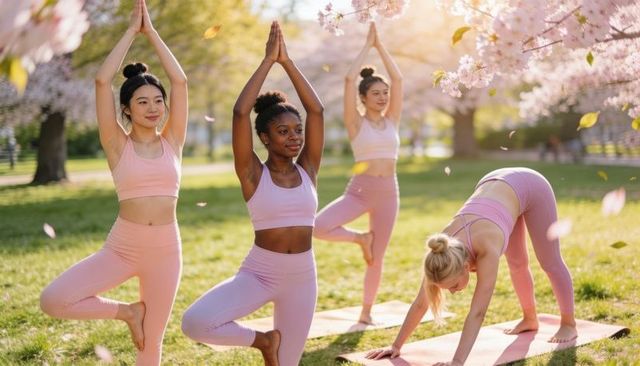 Sunlit blossom yoga class practicing tree pose and stretching in pastel activewear