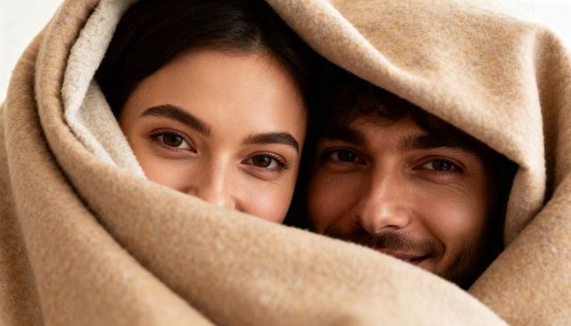 Couple cuddling and snuggling under beige wool blanket sharing cozy intimate moment
