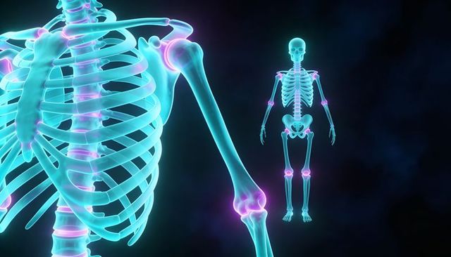 Neon translucent skeleton highlighting ribcage and shoulder with glowing magenta joints