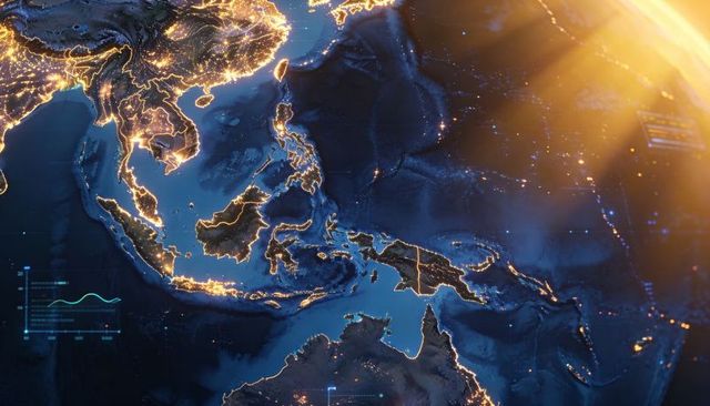Orbital night map showing southeast asia and australia with glowing cities and hud overlay