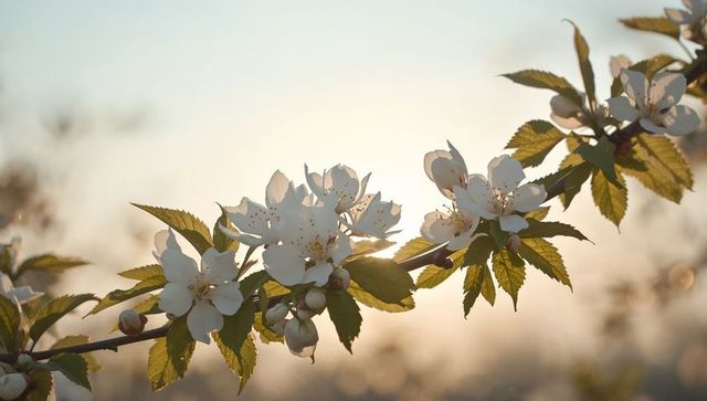Backlit cherry blossom branch catching golden-hour light with white petals and buds