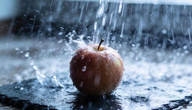 Rustic red apple catching dramatic water splash on wet slate for food advertising