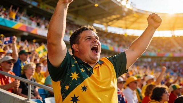 Passionate australian fan cheering and raising arms in yellow green jersey at stadium