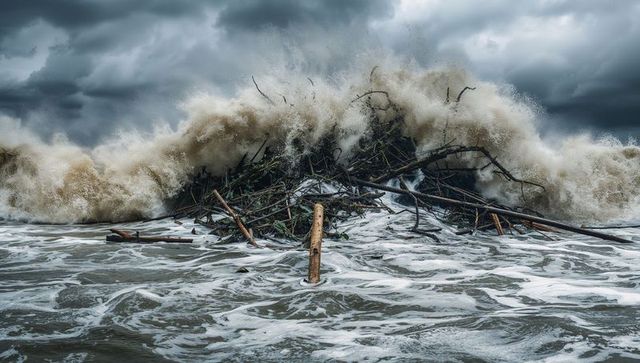 Stormy sea swallowing wooden debris under dramatic cloudy sky