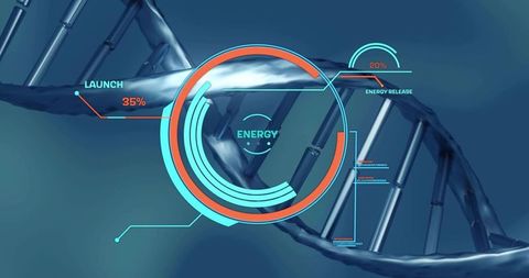 Futuristic dna helix hud visualization with energy dashboard and launch progress overlay