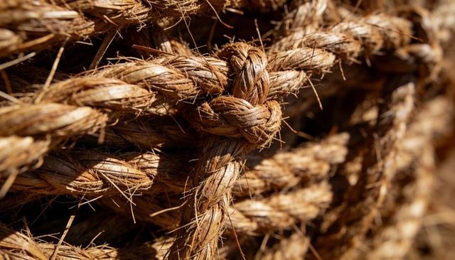 Close-up of natural fiber rope knot showing frayed braided strands and warm texture