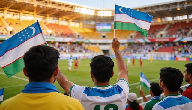 Uzbekistan football fans waving flags in stadium cheering national team in colorful jerseys