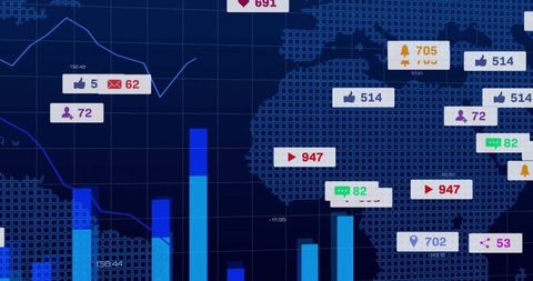 World map with data visualization and social media analytics