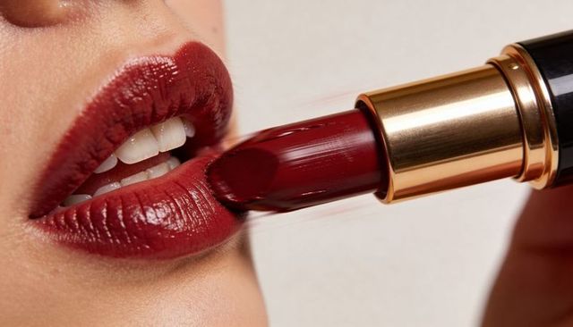 Closeup applying deep burgundy lipstick on glossy full lips with gold-trim tube