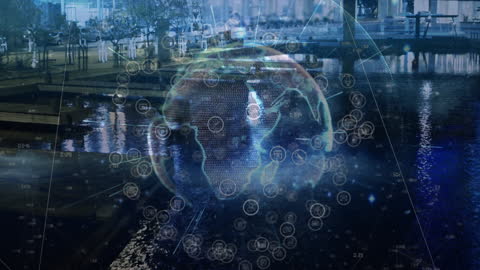 Digital Planet with Global Connections Over Urban Landscape