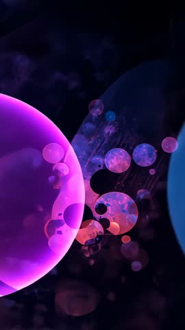 Vertical abstract motion: glowing violet spheres pulsing and overlapping in dark space