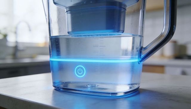 Smart water filter pitcher with visible cartridge and blue led ring glowing on countertop