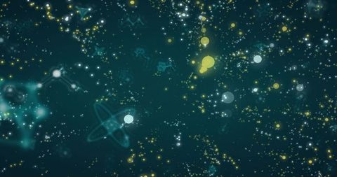 Glowing cosmic particle field with cyan orbs, luminous dots and geometric motifs