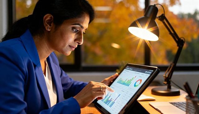 Indian analyst reviewing tablet dashboard with business charts and graphs under desk lamp