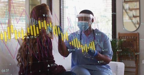 Nurse Measuring Temperature at Home with Digital Thermometer and Data Graphics