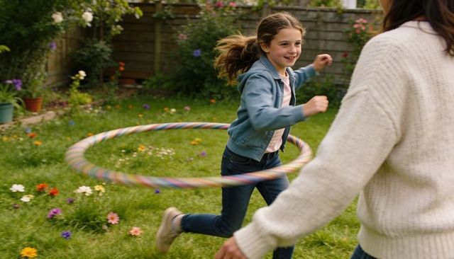 Joyful girl playing with colorful hula hoop in sunny backyard