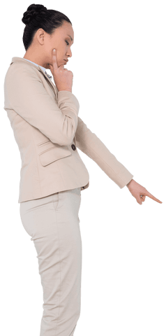 Thoughtful Asian Businesswoman Pointing on Transparent Background