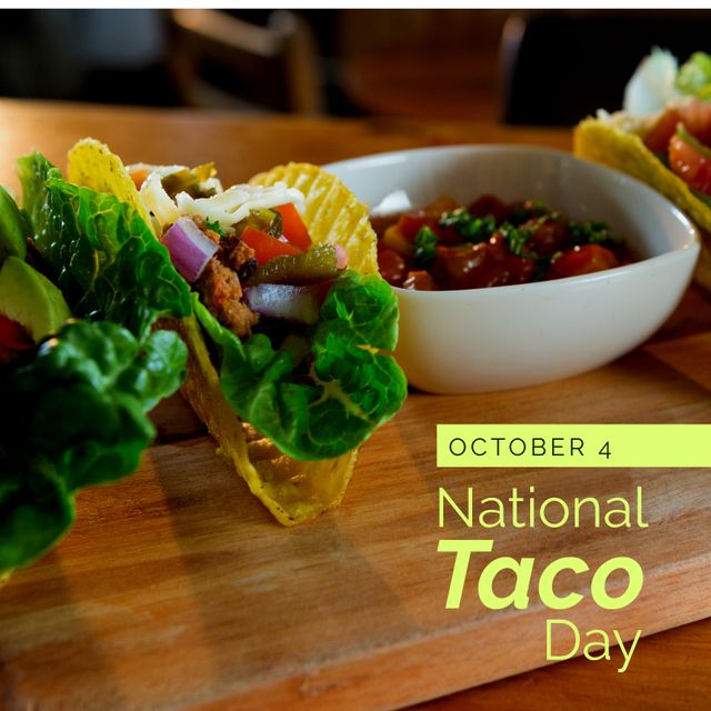 Celebrating National Taco Day with Delicious Tacos on Wooden Table - Download Free Stock Templates Pikwizard.com