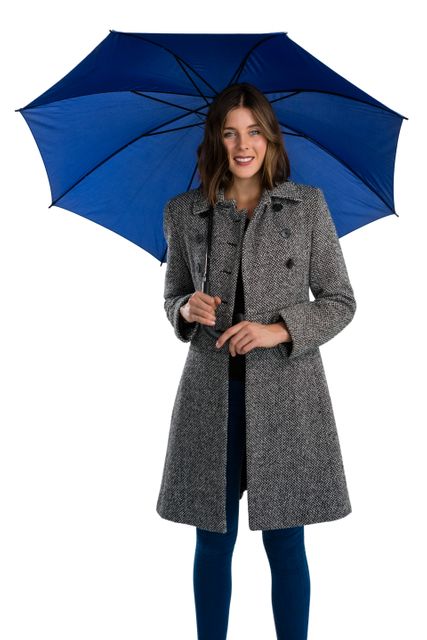 Ideal for use in fashion blogs, online stores, and advertisements focusing on autumn or winter clothing. Perfect for illustrating concepts related to rainy weather, casual fashion, and cheerful moods.