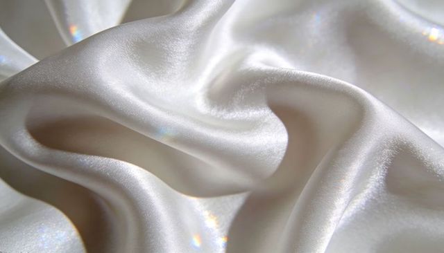 Luxurious white satin draping with iridescent sheen, sculpted folds and rainbow flecks
