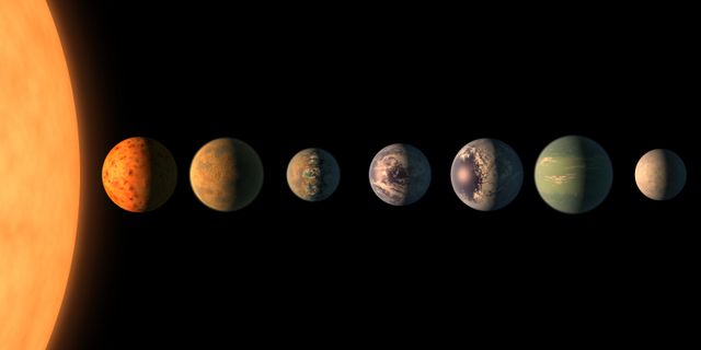 This digital rendering shows the imagined appearance of the TRAPPIST-1 planetary system based on known data about the planets' sizes, masses, and proximity to their star. Featuring a range of scientifically informed depictions of planetary surfaces and atmospheres, this visual can be used in educational materials, presentations about space exploration, and science fiction settings. Perfect for topics discussing exoplanets, habitable zones, and stellar observations.