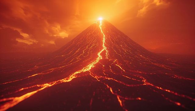 Breathtaking Lava Flow From Erupting Volcano Under Fiery Sky