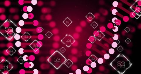 Neon magenta 5g data helix flowing with glowing nodes and bokeh network background