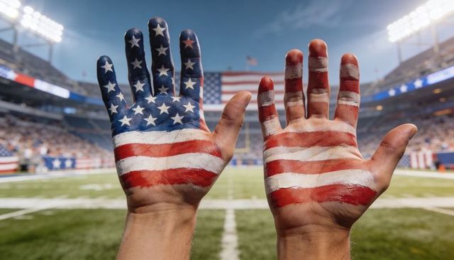 Raising painted palms displaying american flag at stadium midfield during football game