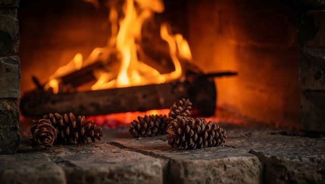 Warming rustic hearth featuring pine cones, glowing embers and burning log