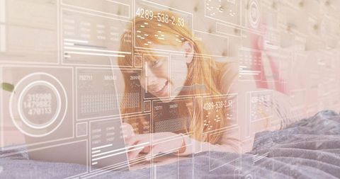 Young woman reclining on bed using smartphone with hud analytics and dashboard overlays