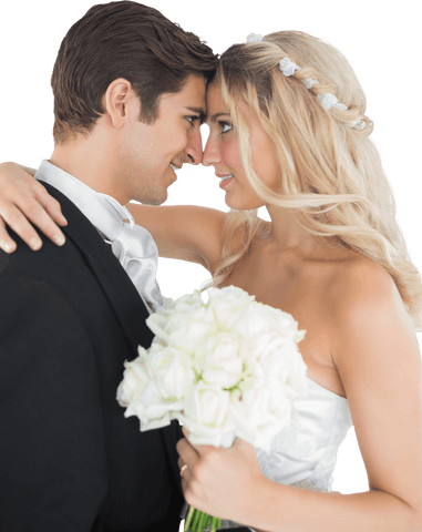 Newlywed couple embracing with bouquet on transparent background