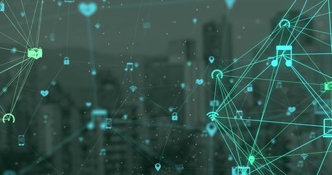 Digital Icons Network with Futuristic Cityscape Background - Download Free Stock Images Pikwizard.com