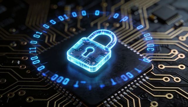Holographic Cybersecurity Lock Hovering Over Microprocessor with Binary Data Ring on Circuit Board