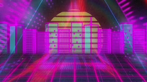 Retro Futuristic Neon Cityscape with Surreal Glowing Patterns