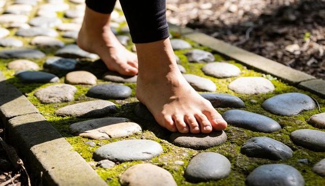 Barefoot walking on mossy pebble path with sunlit feet and garden stones for reflexology