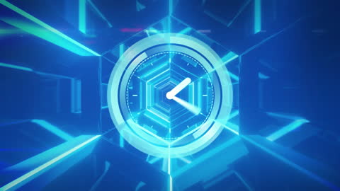 Futuristic Clock Animation in Neon Blue Tunnel Technology