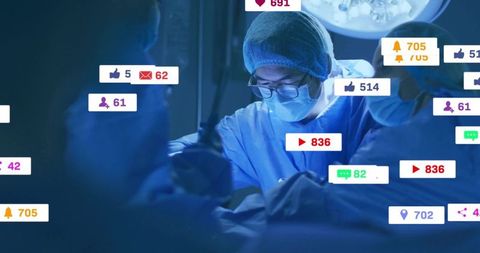 Surgeon performing operation with floating digital metrics and social media engagement overlay