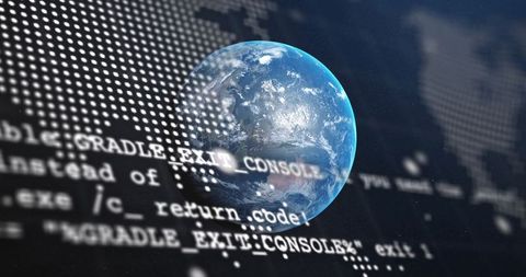 Earth in virtual cyberspace background with programming overlay