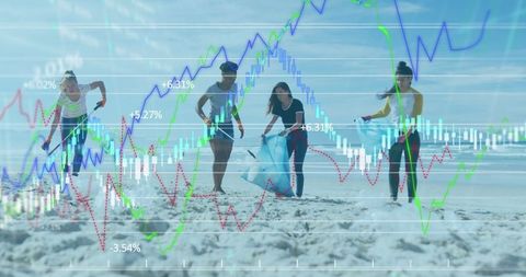 Volunteers Collecting Beach Litter with Financial Graph Overlay