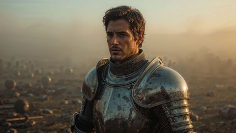 Medieval knight in armor standing on foggy medieval battlefield